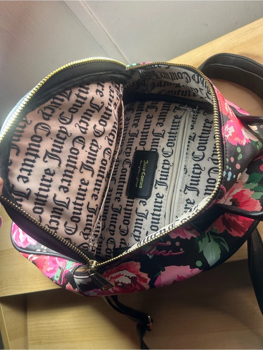 Juicy Couture Black Floral Mini Backpack with Pink Roses